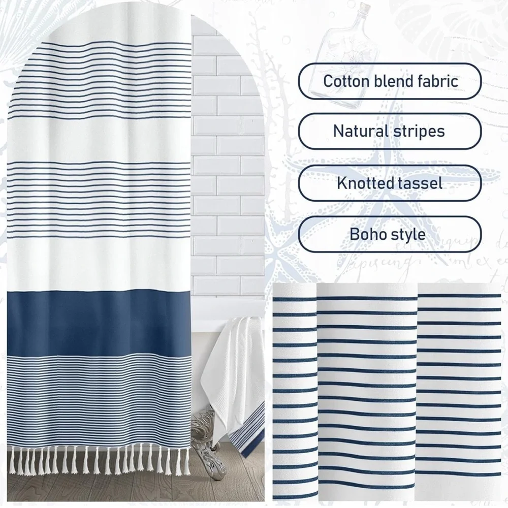 Navy Blue Shower Curtain for Bathroom Stripe Tassel 72 X 72” Farmhouse Cotton